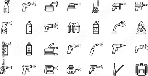 Cleaning  Spraying Equipment Icons Set - Line Art Vector Graphics