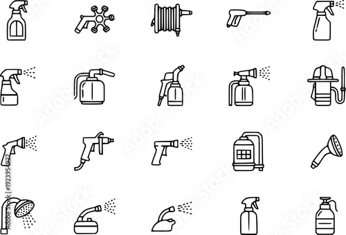 Spray Nozzle, Pressure Washer, Firefighting, and Watering Tools Line Icons