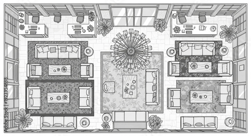 Detailed architectural floor plan showcasing interior design and furniture arrangement.
