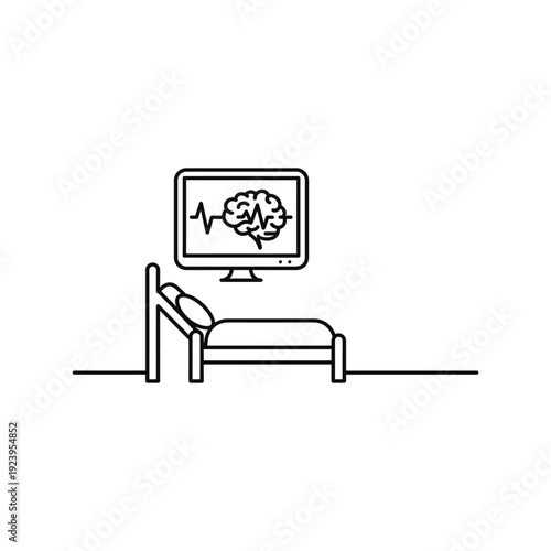 Hospital bed with brain scan and vital signs monitor, concept for medical care and neuroscience research, outline illustration