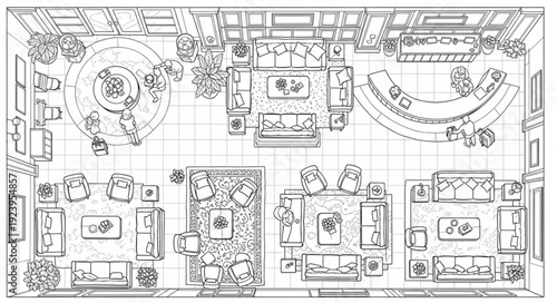 Detailed architectural floor plan showcasing interior design elements and furniture arrangement.