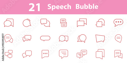 Set of 21 outline icons related to speech bubble. Speak bubble text set, message box , chat bubble line art icon for apps and websites Vector illustration. 