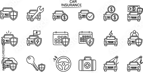 Car Insurance Line Icons Set Vector Illustration