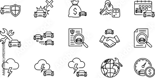 Automotive Services, Insurance, Finance, and Weather Outline Icons Set