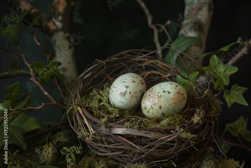 Two speckled eggs nestled in a bird's nest surrounded by moss and ivy, creating a serene natural scene