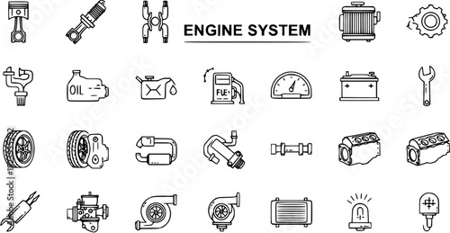 Engine System and Car Parts Doodle Icons - Automotive Component Collection