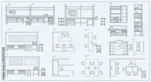 Architectural blueprints showcasing detailed plans for various building structures and designs.
