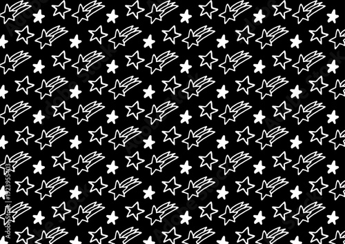 白黒で手描きの流れ星イラストパターン背景素材	