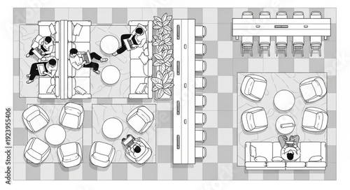Top-down view of a restaurant layout with tables, chairs, and seating arrangements.