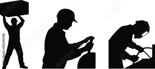 Construction Worker and Loader People helping and teamwork silhouettes. Vector collection. Support, cooperation and assistance concept.
