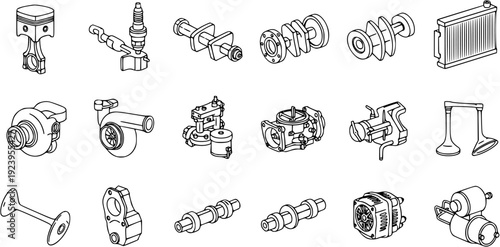 Automotive Spare Parts Collection - Car Engine  Vehicle Components Line Art Icons