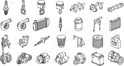 Automotive Car Parts Line Art Vector Icons Set. Engine Components and Spares Collection.