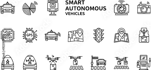 Smart Autonomous Vehicles Technology Line Icons Set