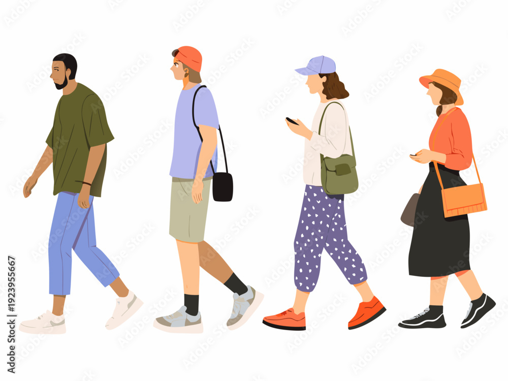 Fototapeta premium Four people walking in a line depicted in a minimalist vector style