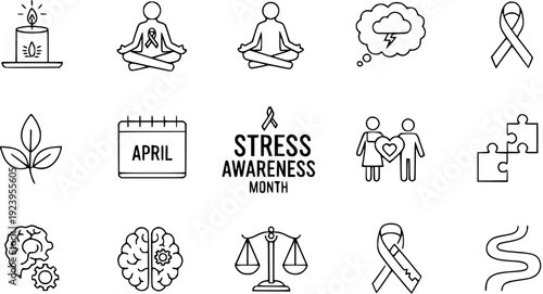 Stress Awareness Month Icons: Mental Health, Well-being, and Support