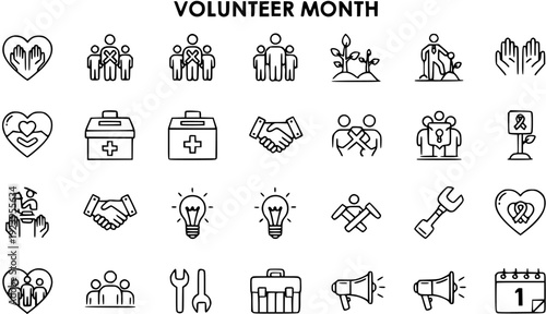 Volunteer Month Icons - Community, Support, Charity, Growth, Teamwork