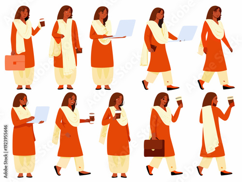 Diverse women in traditional indian attire using laptops and carrying briefcases