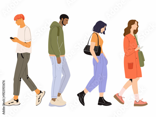 Four people walking in a line showcasing diverse modern styles