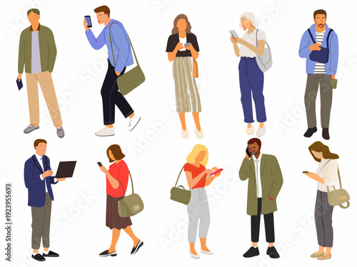 Diverse group of people using various mobile devices and laptops