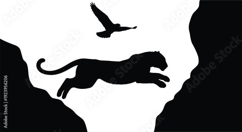 A leaping panther and soaring bird create a striking visual silhouette