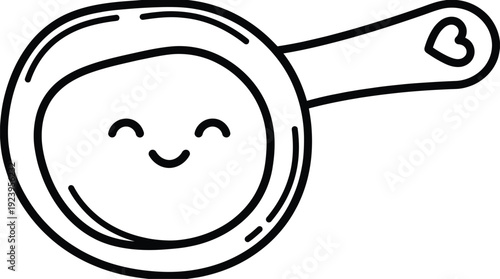 Simple black and white illustration of a smiling frying pan with a heart on the handle.