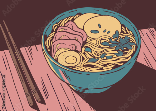 An abstract plate with ramen soup, Asian style