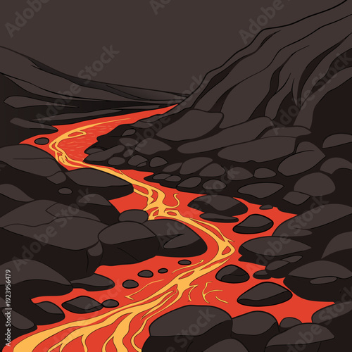 Hot lava flows down rocky cliffs—a cartoon-style background illustration