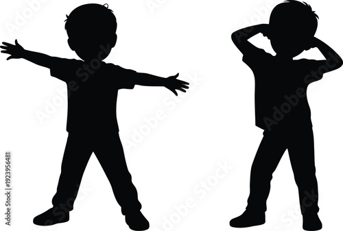 Children playing silhouettes. Vector collection. Kids in active poses. Recreation and childhood concept.