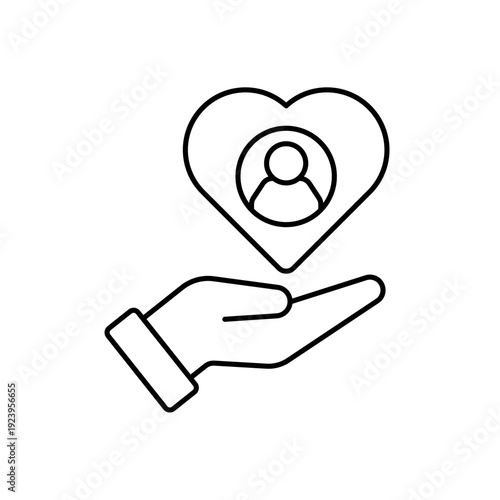 icon a user adoption with hand holding a heart profile, isolated against a clean background.