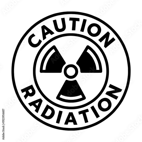 Circular Radiation Warning Badge with Caution Text - Radioactive Hazard Safety Icon - Professional Nuclear Alert Graphic - Minimalist Black and White Vector