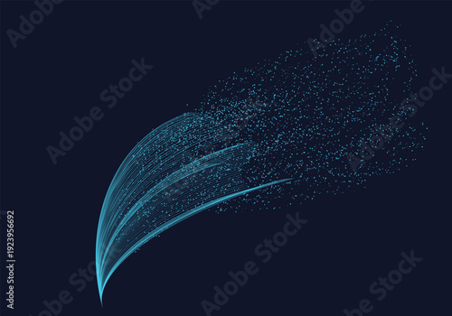 Abstract Blue Particle Stream Flowing and Dissipating on Dark Background