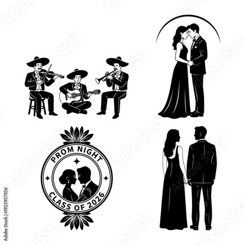 Prom night badge bundle with romantic couple and serenade band icons