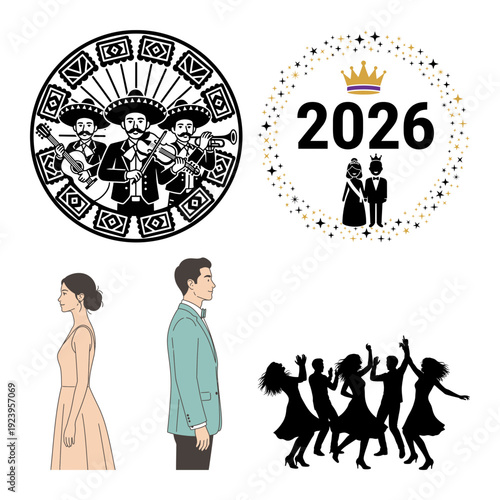 Prom emblem bundle with mariachi circle walking couple and dance crowd