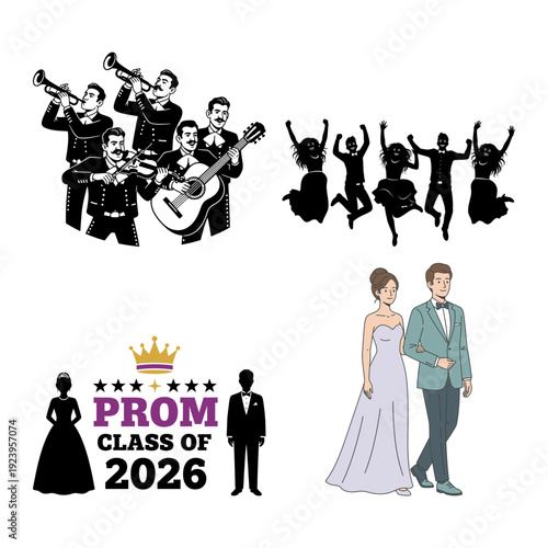 Prom bundle with cheering crowd music band and couple portraits
