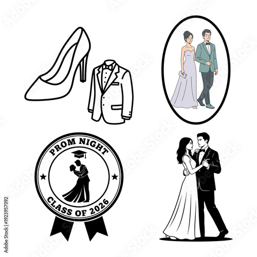 Prom night bundle with formal shoes tuxedo and dancing couple icons