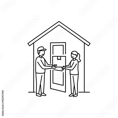 Delivery person handing a package to a recipient at the door of a house, representing doorstep service and logistics.