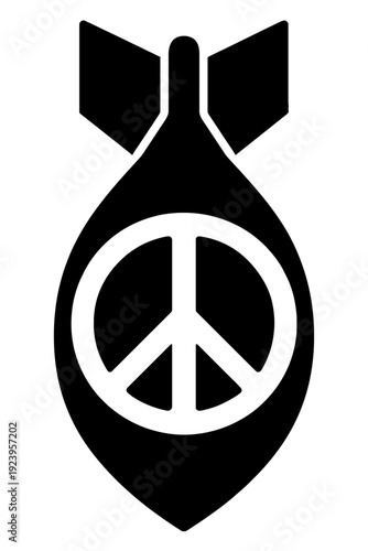 Peace Symbol on Aerial Bomb Illustration - Anti-War Activism and Disarmament Concept - Professional Minimalist Black and White Vector - Pacifism and Geopolitical Graphic
