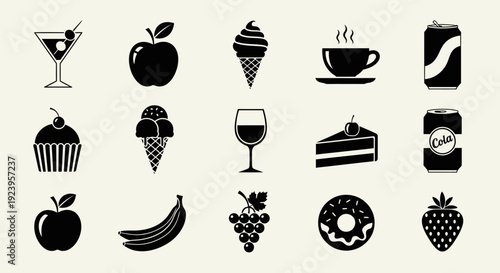 Set of food and drink black silhouette icons including desserts fruits and beverages on isolated white background
