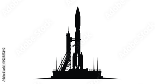 A striking black rocket on a launchpad a bold silhouette