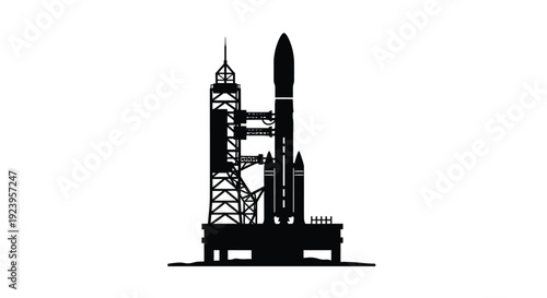 A stark black rocket launch complex depicted as a silhouette