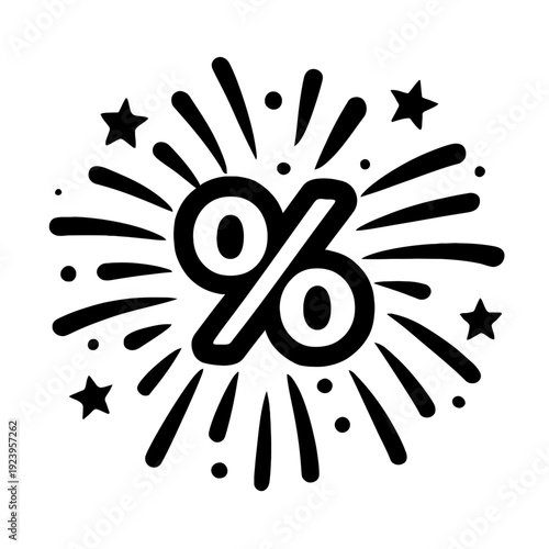Percentage Symbol with Fireworks and Stars - Vector Icon for Grand Opening Sales, Special Discount Celebrations, and Financial Success Concepts