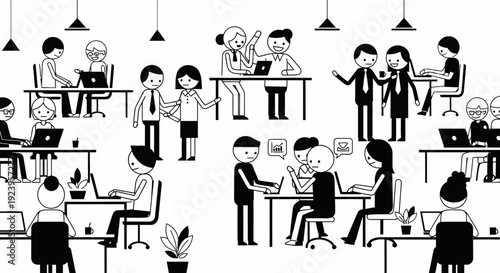 Diverse group of people working and collaborating productively in a busy open-plan office or coworking space.