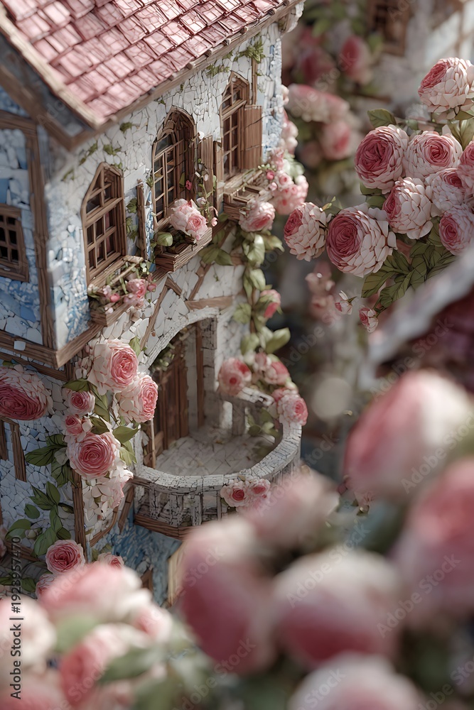 Obraz premium Miniature ornate building facade adorned with climbing pink roses and lush greenery