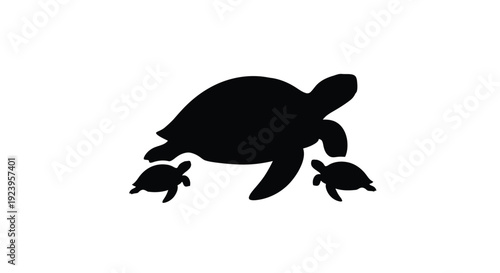 A mother turtle with hatchlings a striking black shape silhouette
