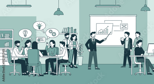 Diverse business team attending a presentation or workshop in a modern office with light green walls.