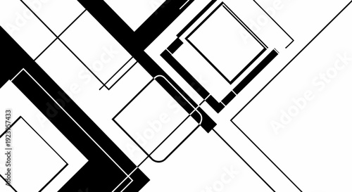Dynamic black and white abstract geometric pattern with intersecting lines and squares.