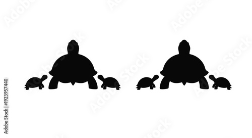 Family of turtles walking together a striking black silhouette