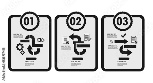 Three steps infographic process with gear, flow, and checklist icons in a bright studio.