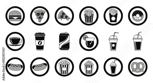 Collection of popular fast food and beverage outline icons in a bright studio.