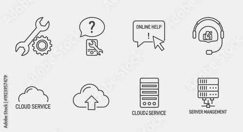 Cloud computing, IT support, online help, and server management outline icons in a bright studio.